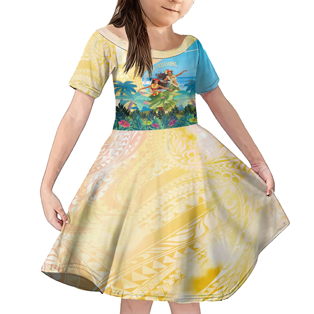Personalised Hawaii Honolulu Festival Kid Short Sleeve Dress Hula Girls Tropical Vibe LT05 KID Blue - Polynesian Pride