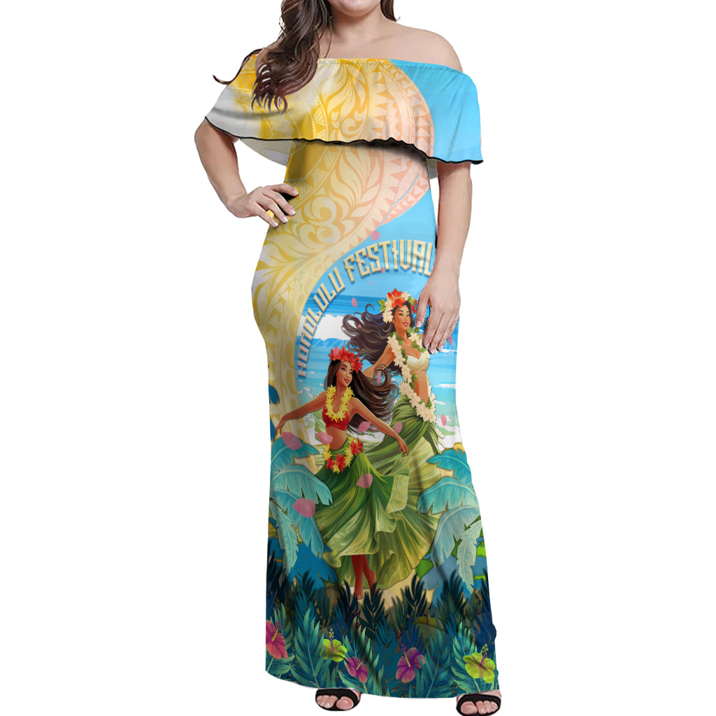 Personalised Hawaii Honolulu Festival Off Shoulder Maxi Dress Hula Girls Tropical Vibe LT05 Women Blue - Polynesian Pride