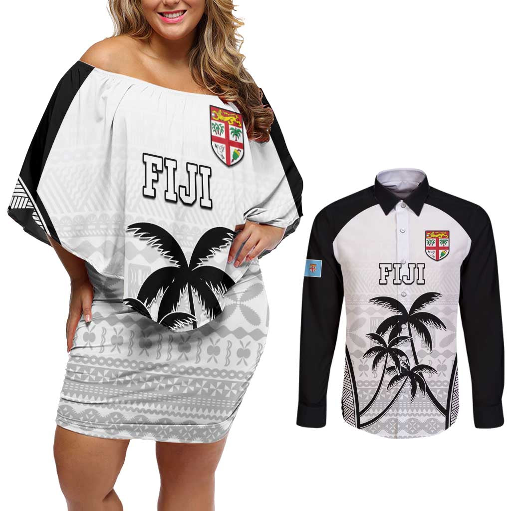 Custom Fiji Tapa Football Couples Matching Off Shoulder Short Dress and Long Sleeve Button Shirt Sporty Style