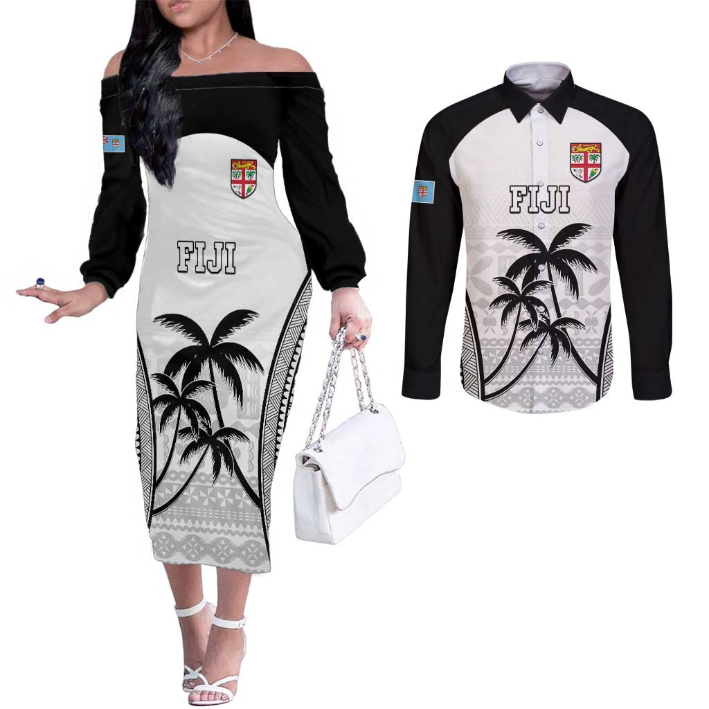 Custom Fiji Tapa Football Couples Matching Off The Shoulder Long Sleeve Dress and Long Sleeve Button Shirt Sporty Style