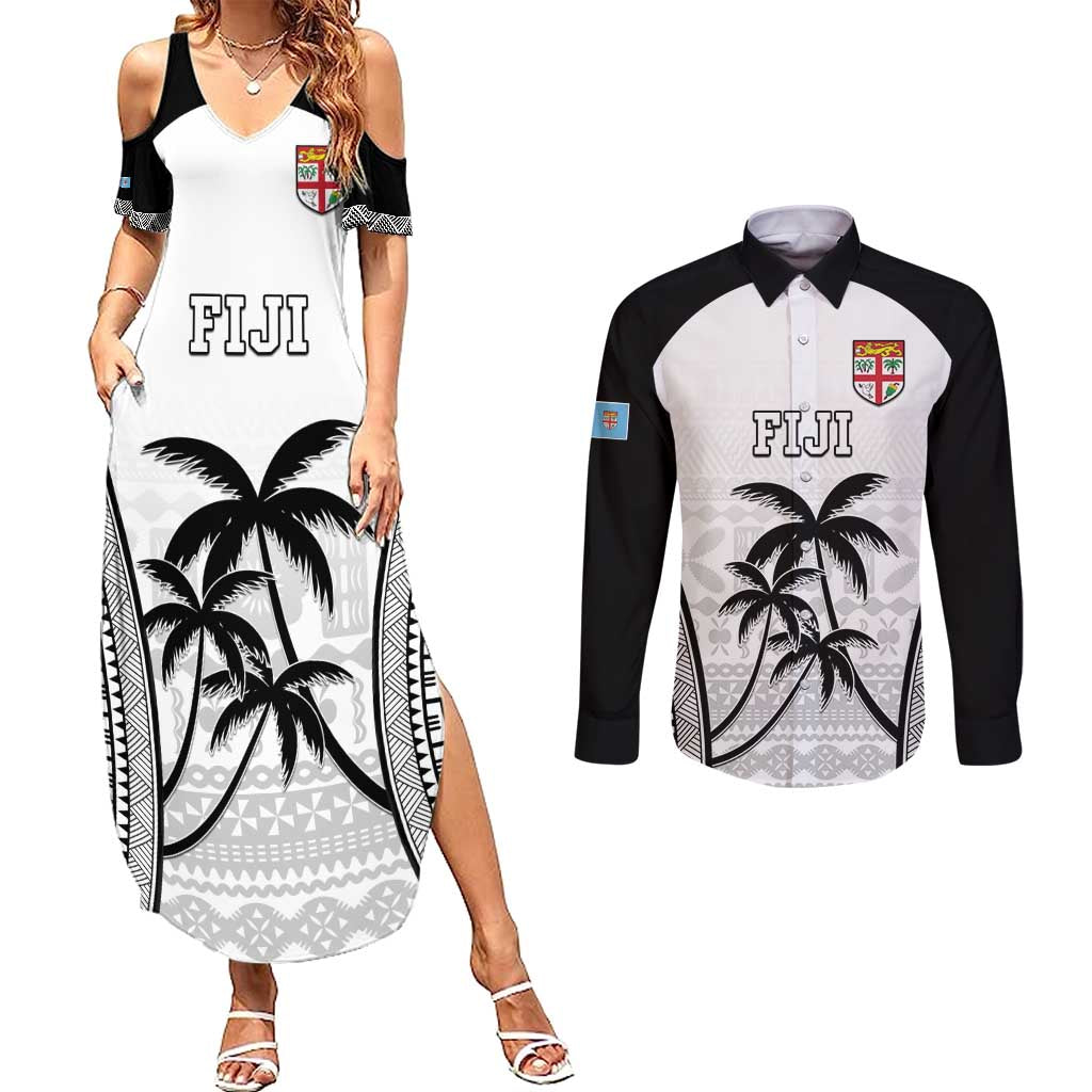 Custom Fiji Tapa Football Couples Matching Summer Maxi Dress and Long Sleeve Button Shirt Sporty Style