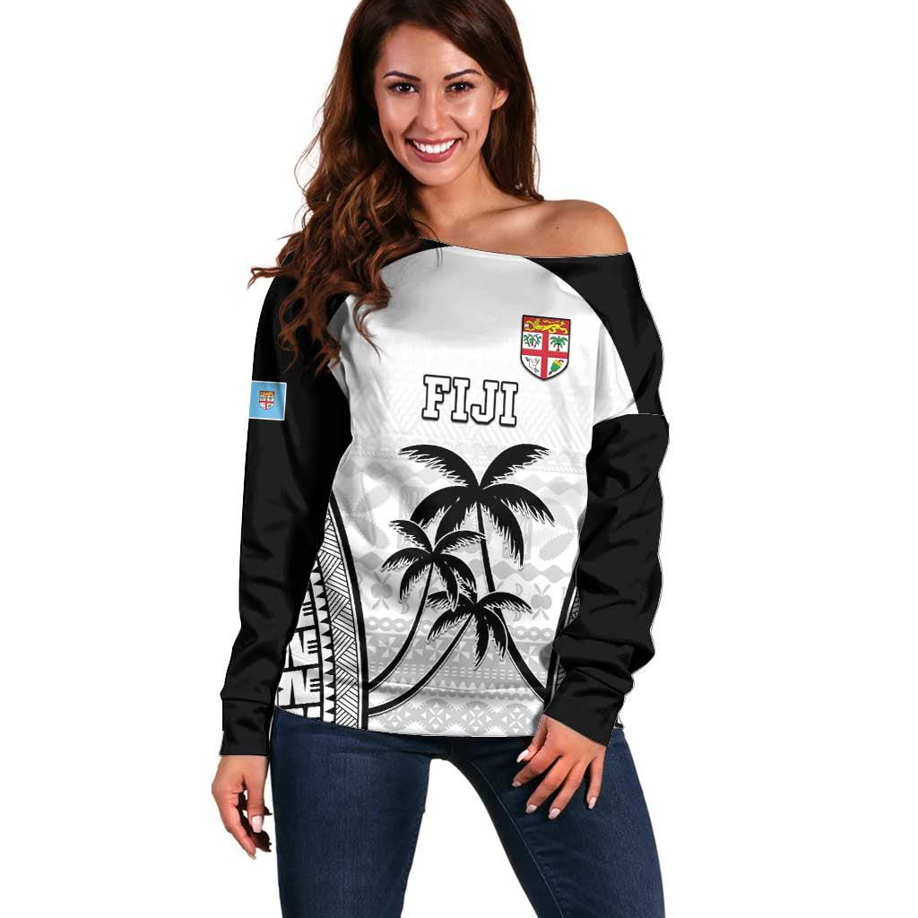 Custom Fiji Tapa Football Off Shoulder Sweater Sporty Style LT05 Women White - Polynesian Pride