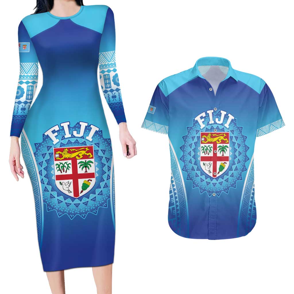 Custom Fiji Football Couples Matching Long Sleeve Bodycon Dress and Hawaiian Shirt Fijian Tapa Pattern