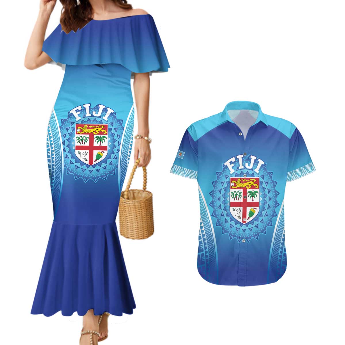 Custom Fiji Football Couples Matching Mermaid Dress and Hawaiian Shirt Fijian Tapa Pattern