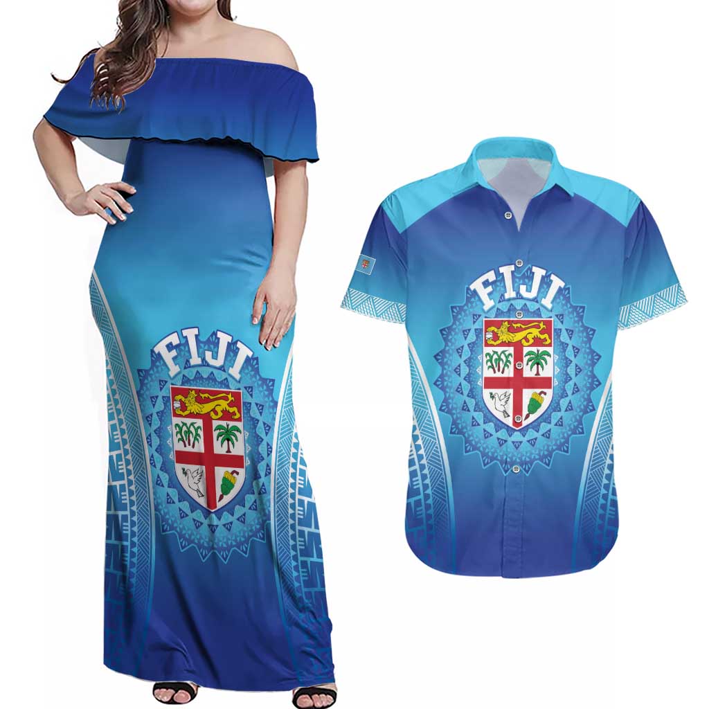 Custom Fiji Football Couples Matching Off Shoulder Maxi Dress and Hawaiian Shirt Fijian Tapa Pattern