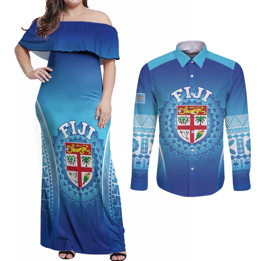 Custom Fiji Football Couples Matching Off Shoulder Maxi Dress and Long Sleeve Button Shirt Fijian Tapa Pattern