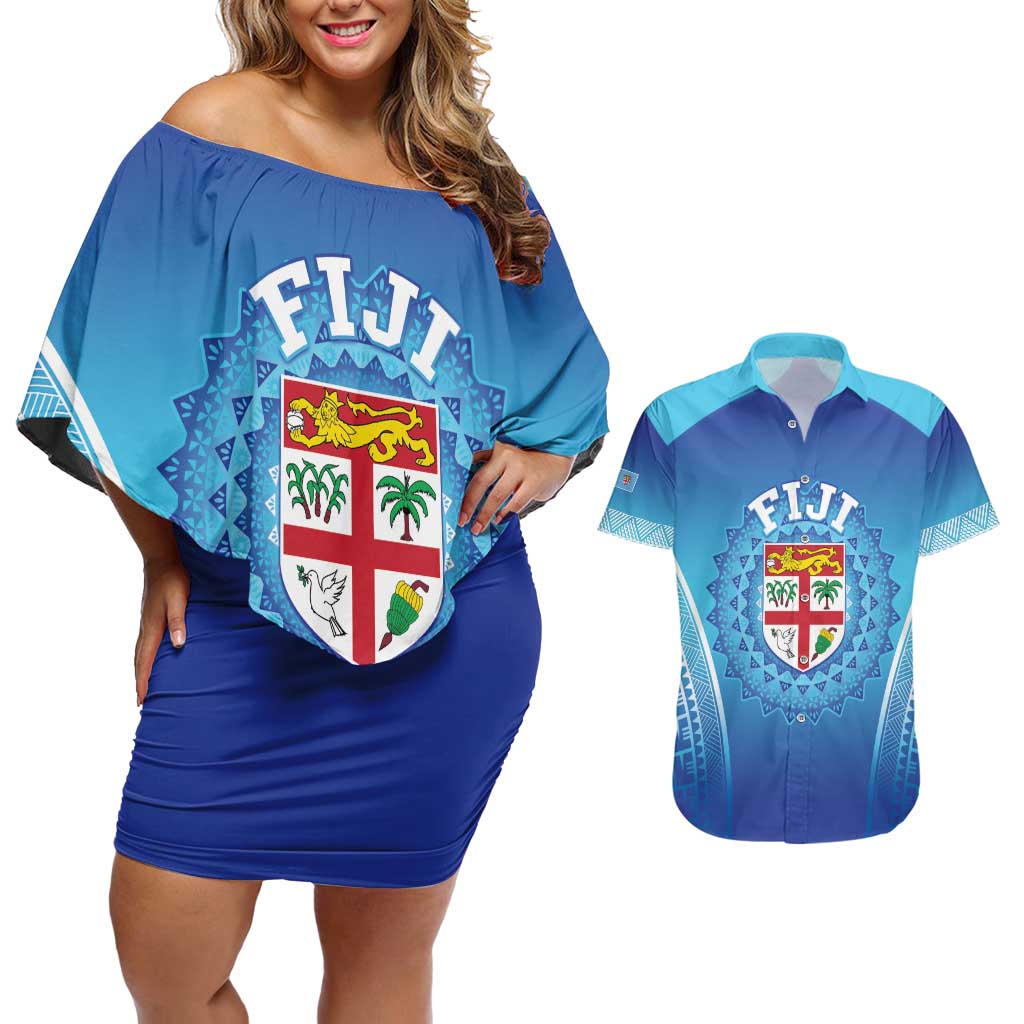 Custom Fiji Football Couples Matching Off Shoulder Short Dress and Hawaiian Shirt Fijian Tapa Pattern