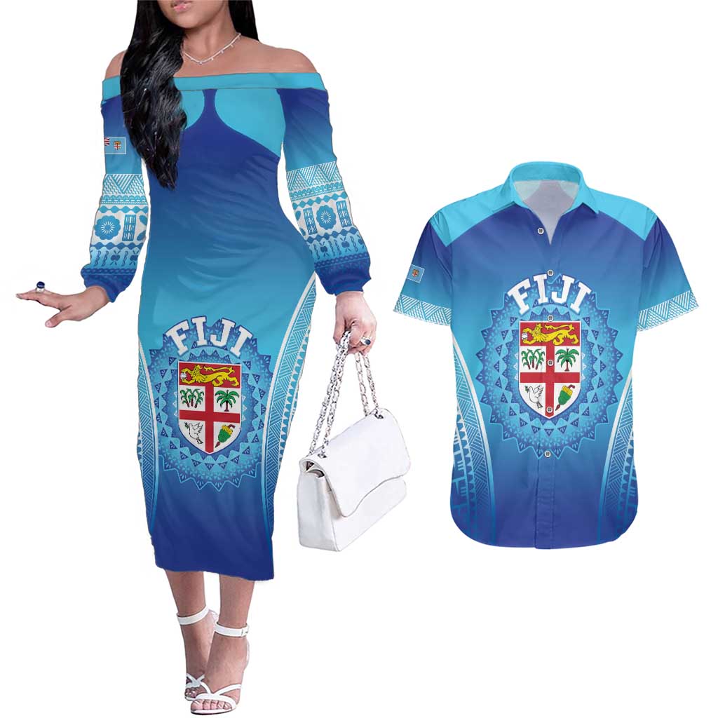 Custom Fiji Football Couples Matching Off The Shoulder Long Sleeve Dress and Hawaiian Shirt Fijian Tapa Pattern