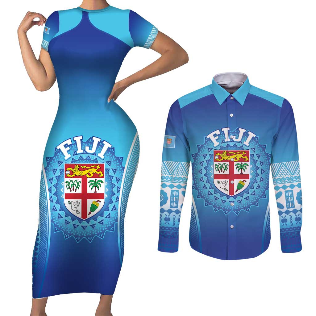 Custom Fiji Football Couples Matching Short Sleeve Bodycon Dress and Long Sleeve Button Shirt Fijian Tapa Pattern