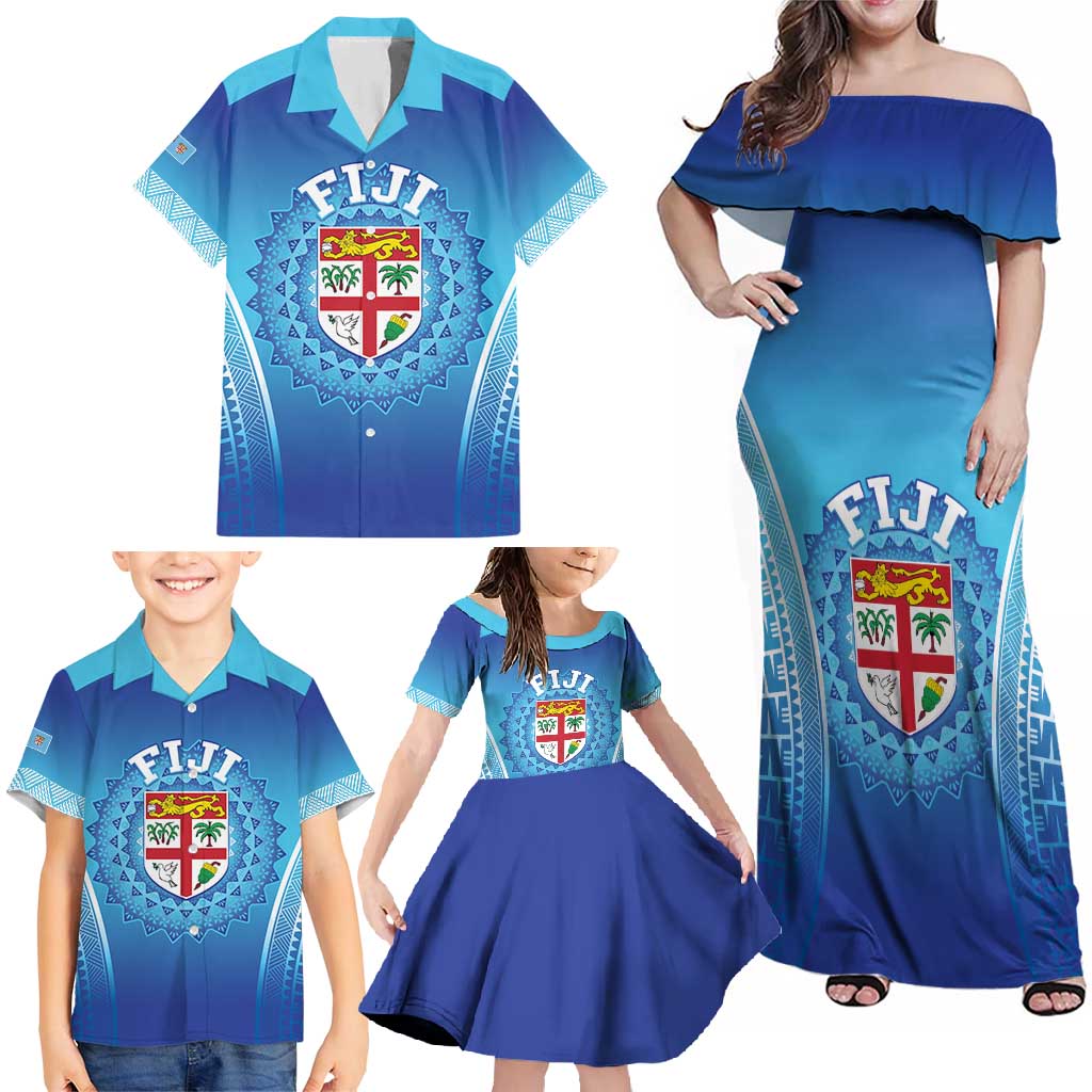 Custom Fiji Football Family Matching Off Shoulder Maxi Dress and Hawaiian Shirt Fijian Tapa Pattern