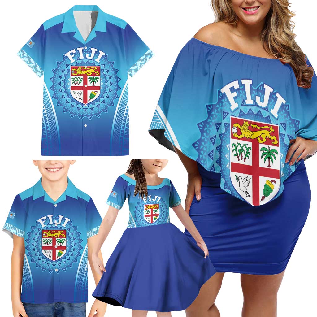 Custom Fiji Football Family Matching Off Shoulder Short Dress and Hawaiian Shirt Fijian Tapa Pattern