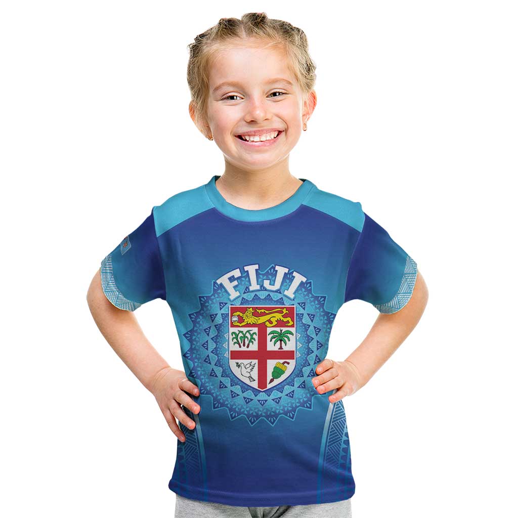 Custom Fiji Football Kid T Shirt Fijian Tapa Pattern LT05 Blue - Polynesian Pride