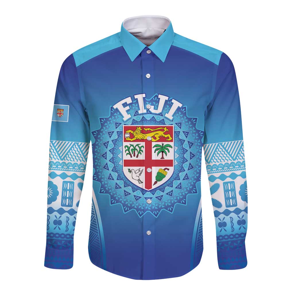 Custom Fiji Football Long Sleeve Button Shirt Fijian Tapa Pattern LT05 Unisex Blue - Polynesian Pride