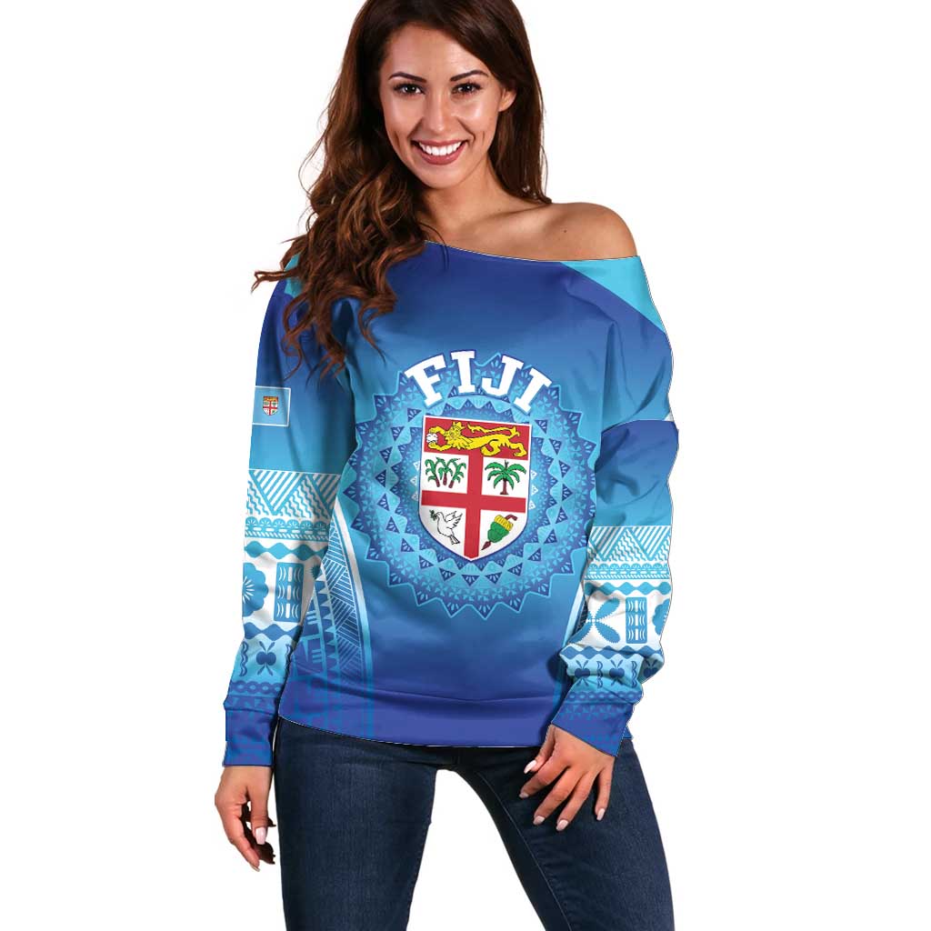 Custom Fiji Football Off Shoulder Sweater Fijian Tapa Pattern LT05 Women Blue - Polynesian Pride