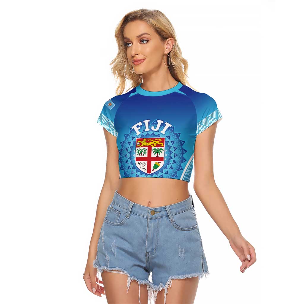 Custom Fiji Football Raglan Cropped T Shirt Fijian Tapa Pattern LT05 Female Blue - Polynesian Pride