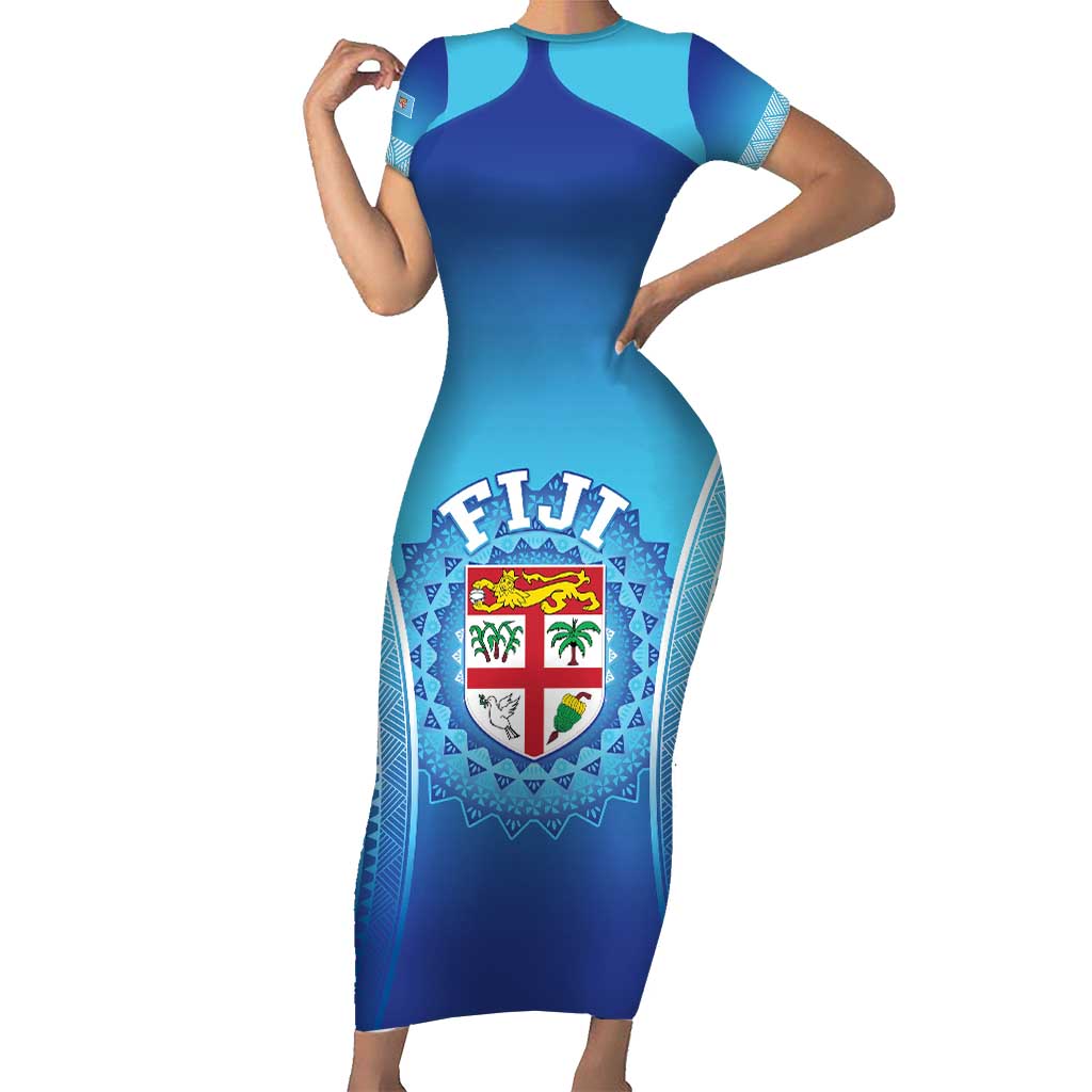 Custom Fiji Football Short Sleeve Bodycon Dress Fijian Tapa Pattern