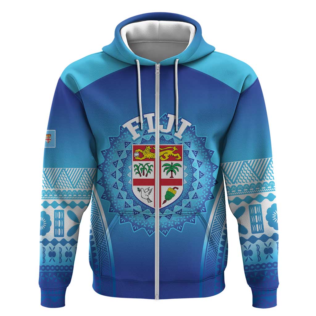 Custom Fiji Football Zip Hoodie Fijian Tapa Pattern LT05 Zip Hoodie Blue - Polynesian Pride