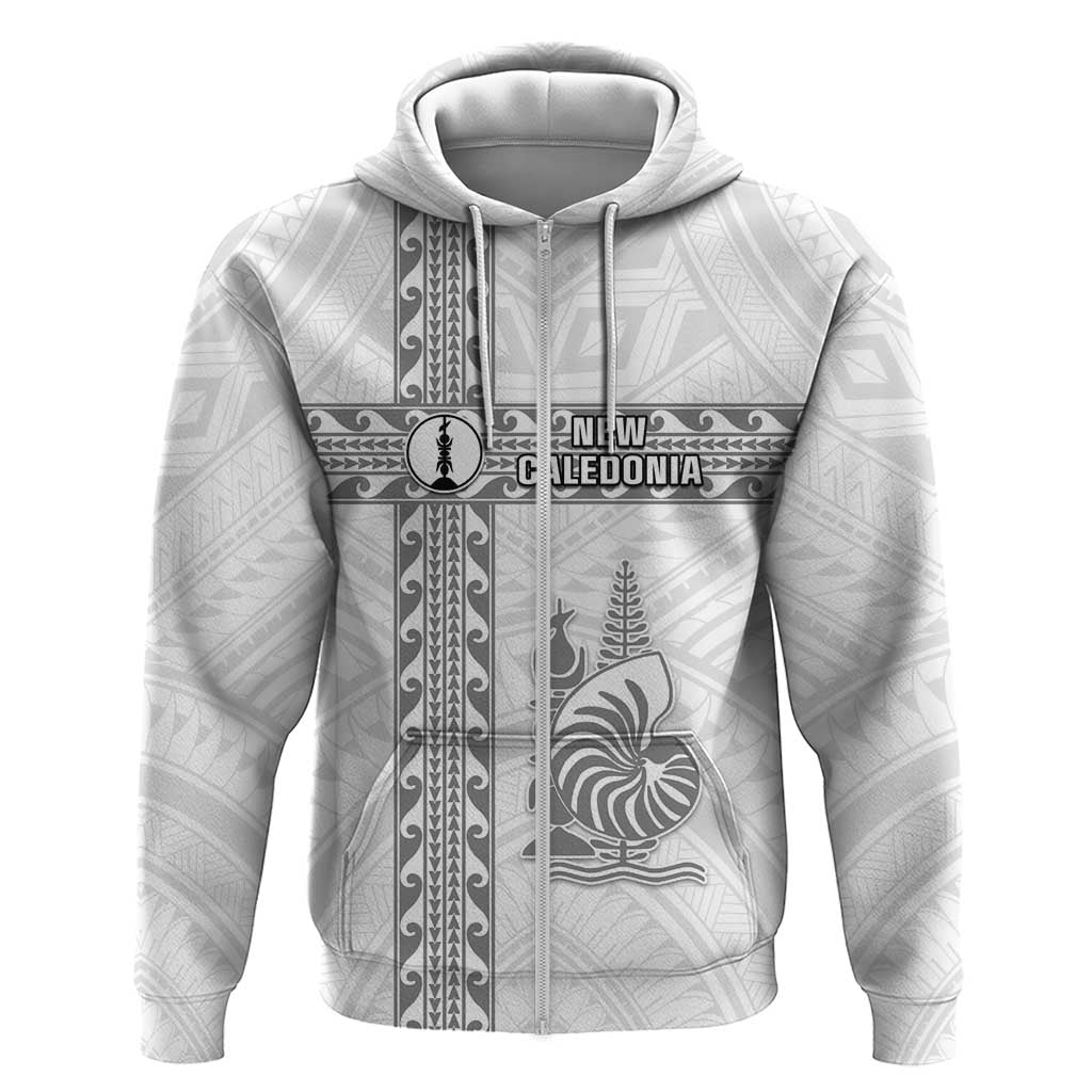 Custom New Caledonia Football Hoodie Go The Kagus LT05 Zip Hoodie White - Polynesian Pride