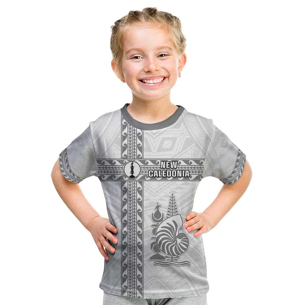 Custom New Caledonia Football Kid T Shirt Go The Kagus LT05 White - Polynesian Pride