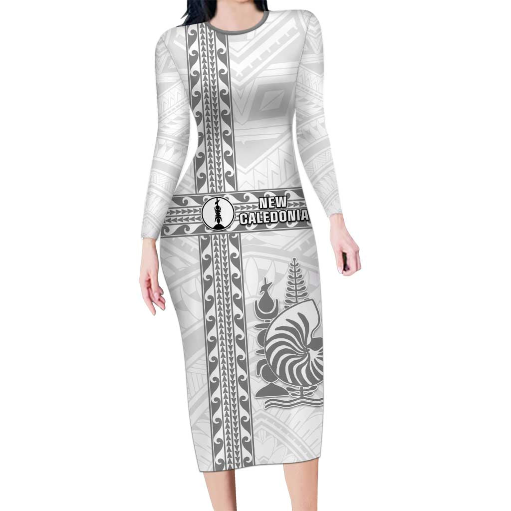 Custom New Caledonia Football Long Sleeve Bodycon Dress Go The Kagus LT05 Long Dress White - Polynesian Pride