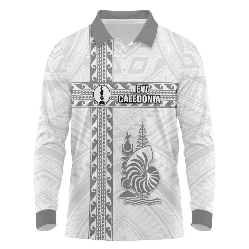 Custom New Caledonia Football Long Sleeve Polo Shirt Go The Kagus LT05 White - Polynesian Pride
