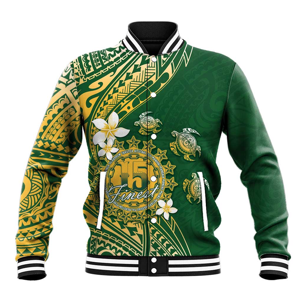 Cook Islands 15 Finest Baseball Jacket Plumeria Polynesian Turtle LT05 Unisex Green - Polynesian Pride