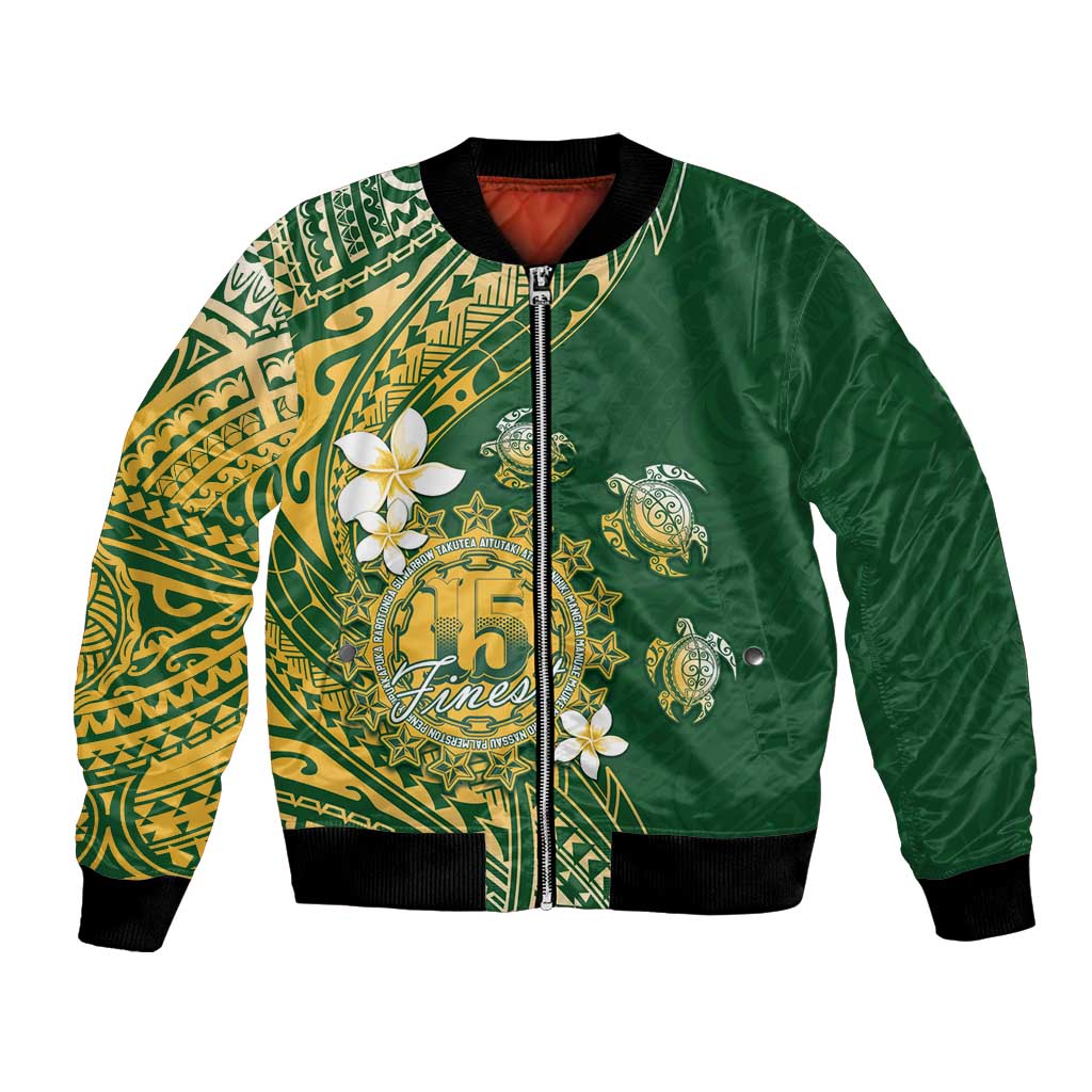 Cook Islands 15 Finest Bomber Jacket Plumeria Polynesian Turtle LT05 Unisex Green - Polynesian Pride