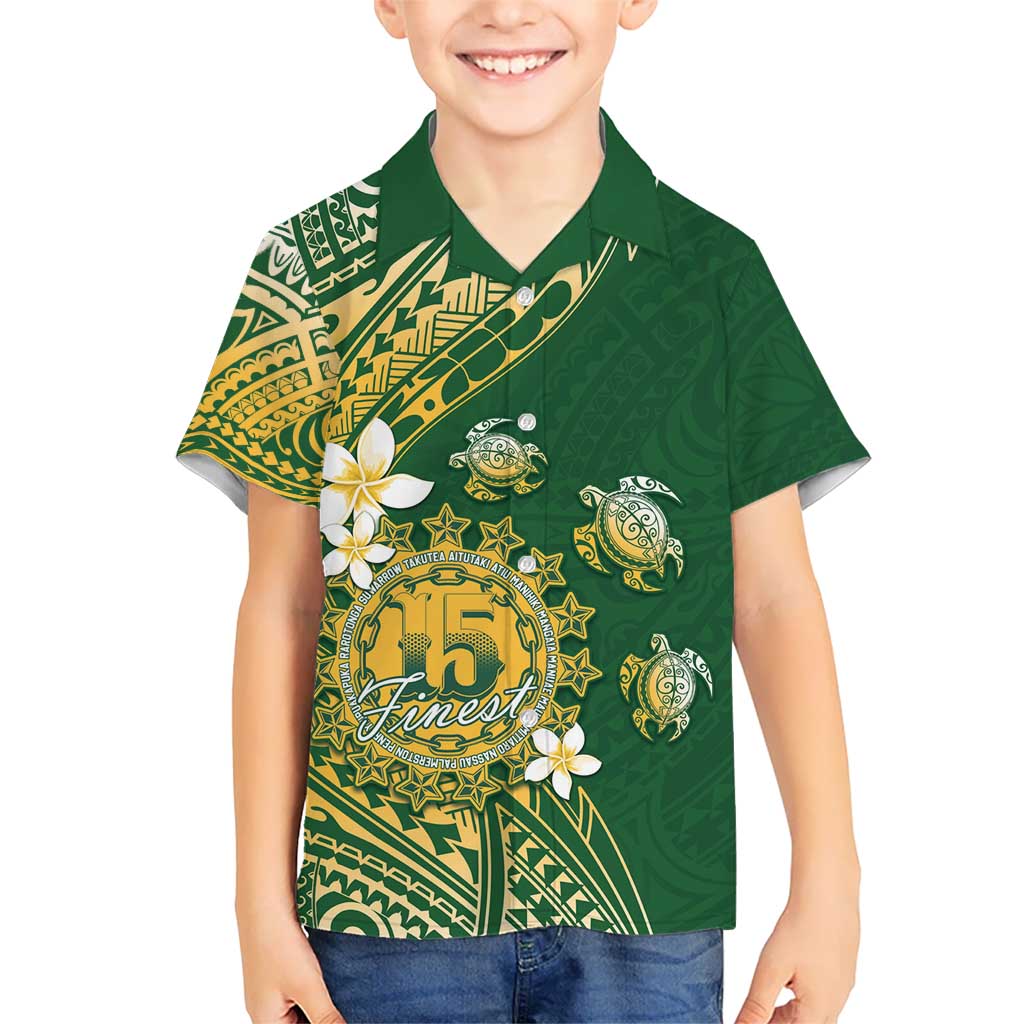 Cook Islands 15 Finest Kid Hawaiian Shirt Plumeria Polynesian Turtle LT05 Kid Green - Polynesian Pride
