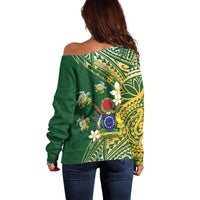 Cook Islands 15 Finest Off Shoulder Sweater Plumeria Polynesian Turtle LT05 - Polynesian Pride
