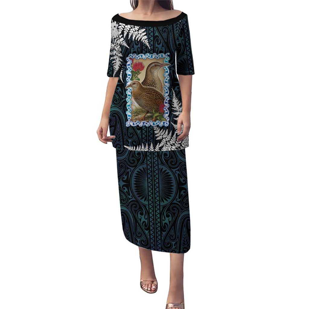 New Zealand Weka Puletasi Maori Hen Koru Pattern LT05 Long Dress Black - Polynesian Pride