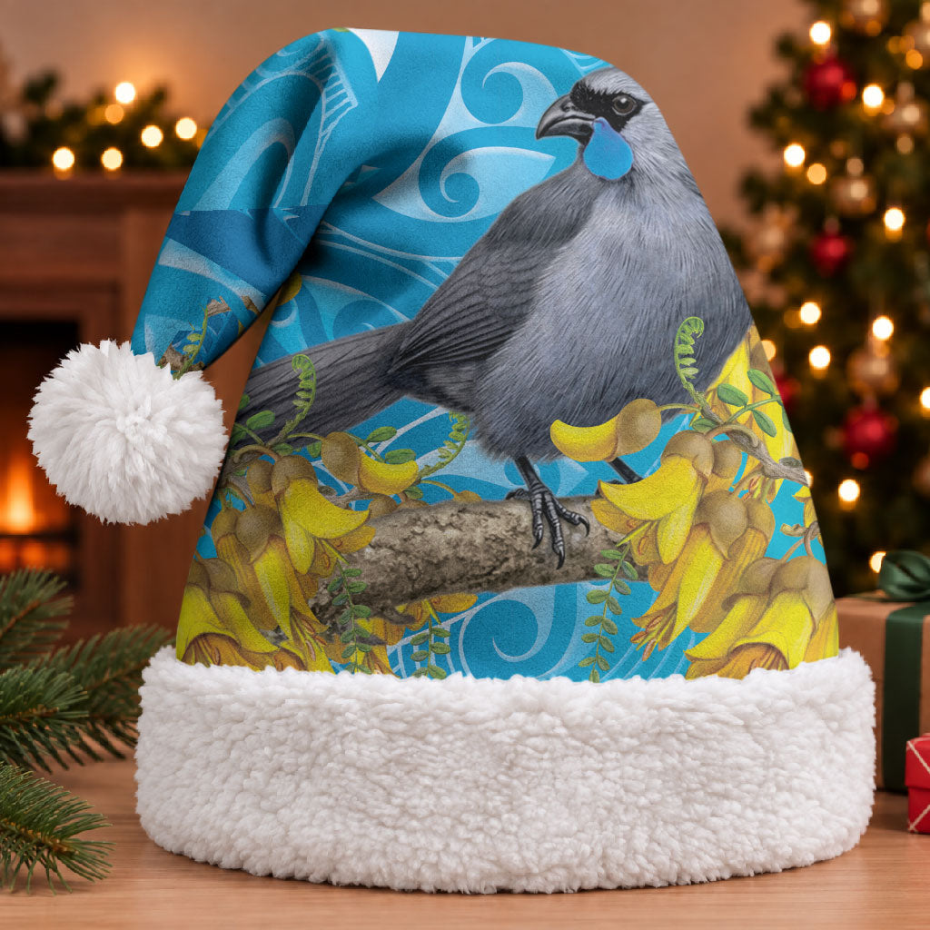 New Zealand Kokako Bird Christmas Santa Hat Maori Koru With Kowhai Flowers LT05 With Fur Aqua - Polynesian Pride