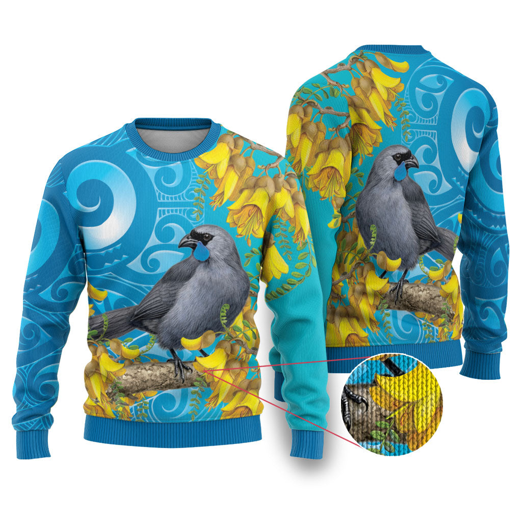 New Zealand Kokako Bird Ugly Christmas Sweater Maori Koru With Kowhai Flowers LT05 Aqua - Polynesian Pride