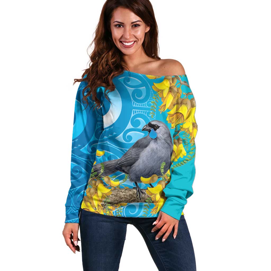 New Zealand Kokako Bird Off Shoulder Sweater Maori Koru With Kowhai Flowers LT05 Women Aqua - Polynesian Pride