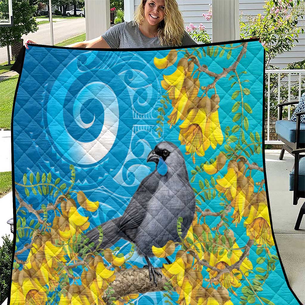 New Zealand Kokako Bird Quilt Maori Koru With Kowhai Flowers LT05 Aqua - Polynesian Pride