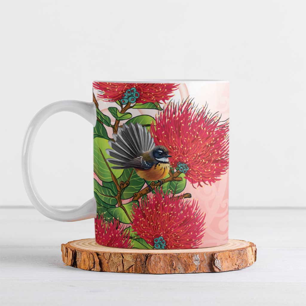 New Zealand Fantail Ceramic Mug Maori Koru With Pohutukawa Flowers LT05 Red - Polynesian Pride