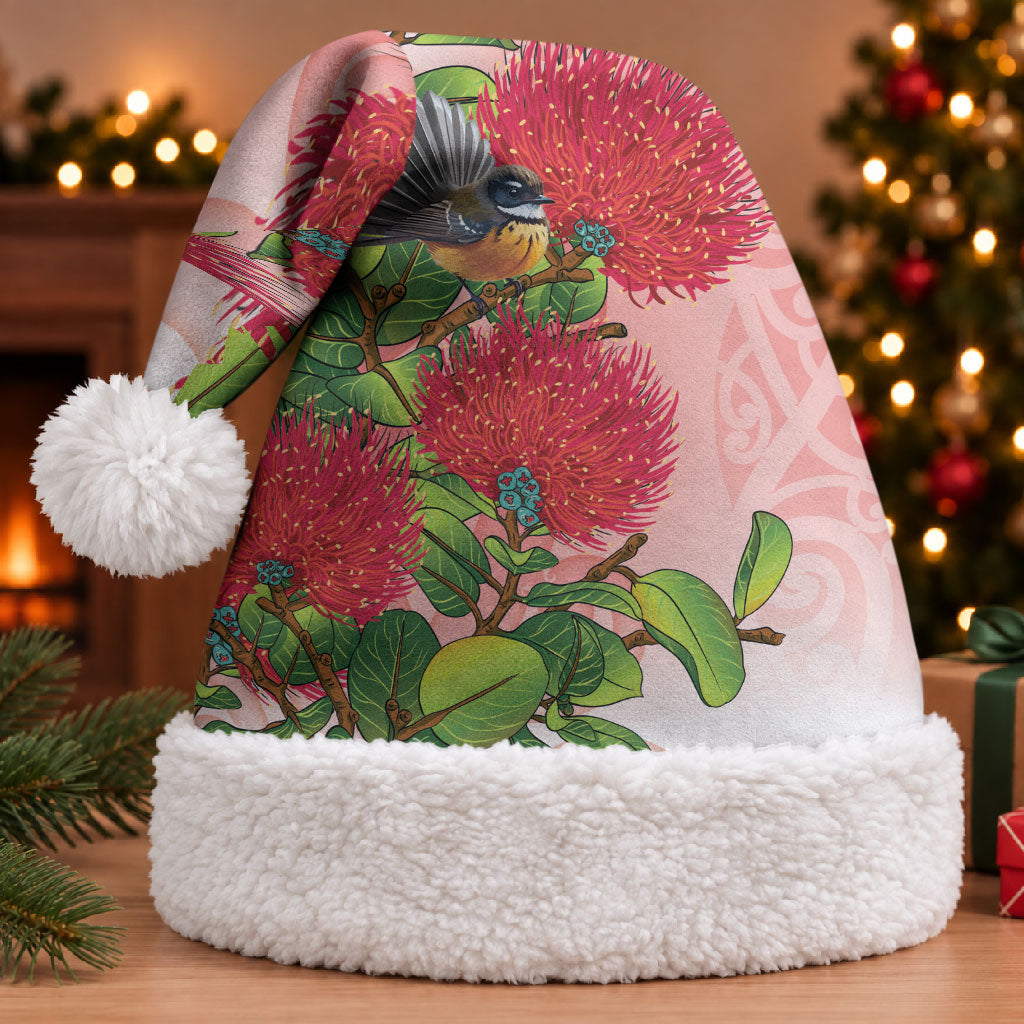 New Zealand Fantail Christmas Santa Hat Maori Koru With Pohutukawa Flowers LT05 With Fur Red - Polynesian Pride