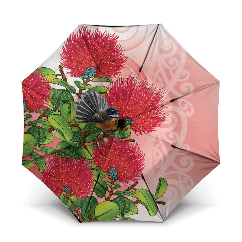 New Zealand Fantail Umbrella Maori Koru With Pohutukawa Flowers LT05 One Size Folded 11.42 inch Opened Diameter 37.4 inch Red - Polynesian Pride