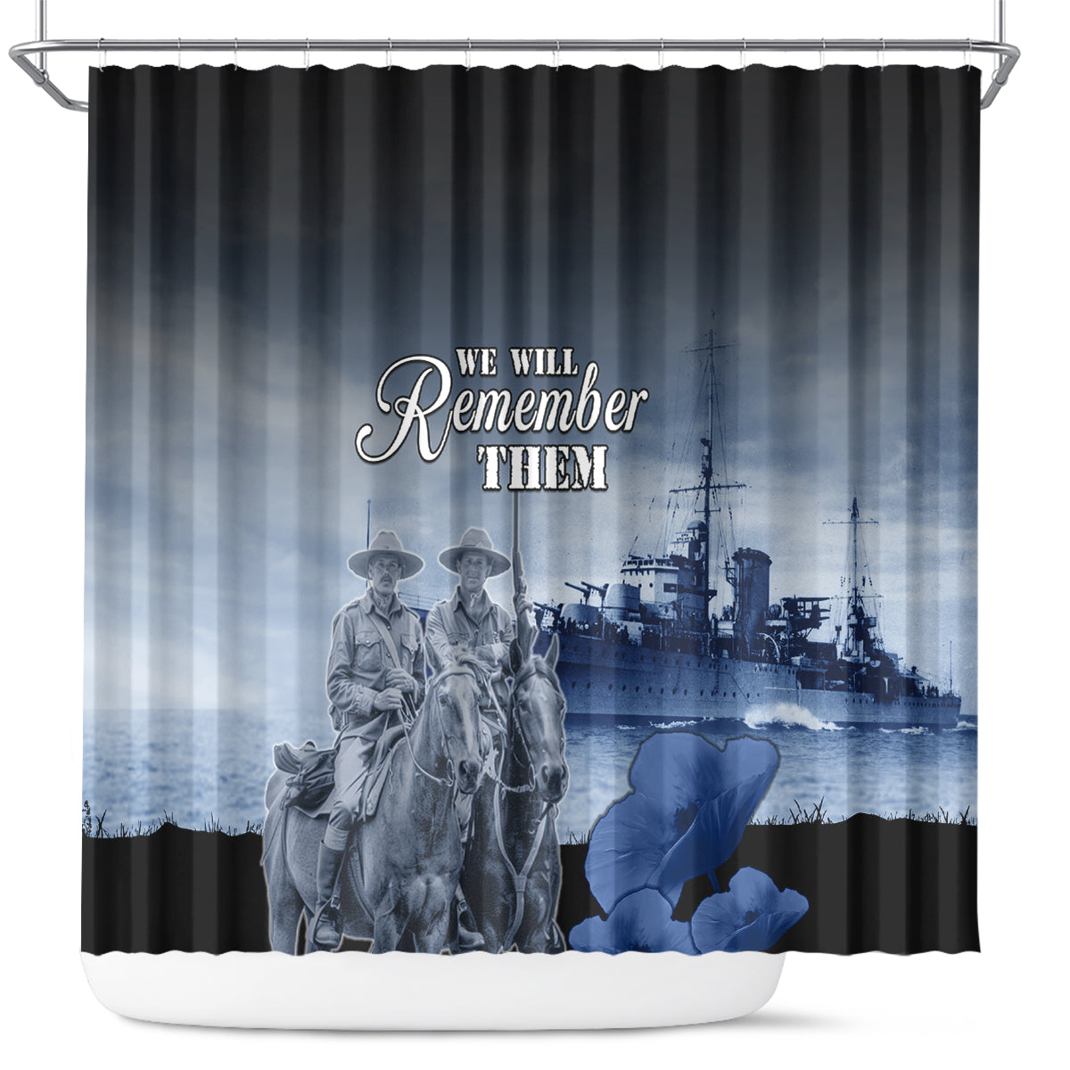 New Zealand ANZAC Day Shower Curtain HMNZS Achilles We Will Remember Them LT05 Blue - Polynesian Pride