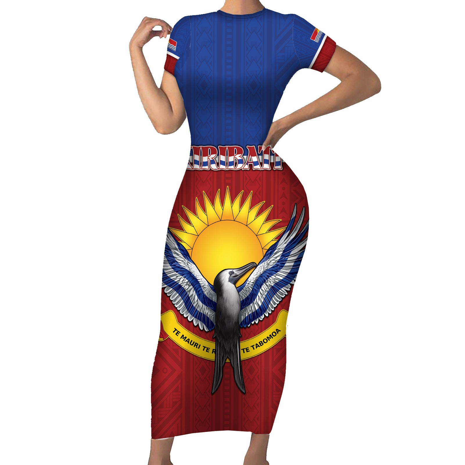 Kiribati 45th Independence Day Short Sleeve Bodycon Dress Lesser Frigatebird Tribal Pattern