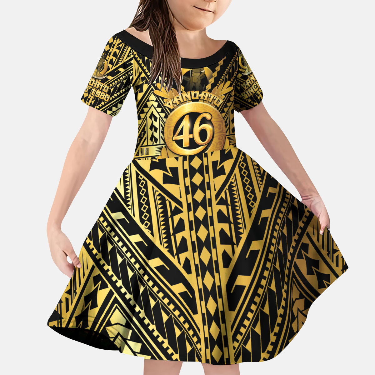 Vanuatu 46th Anniversary Of Independence Kid Short Sleeve Dress Gold Style LT05 KID Gold - Polynesian Pride