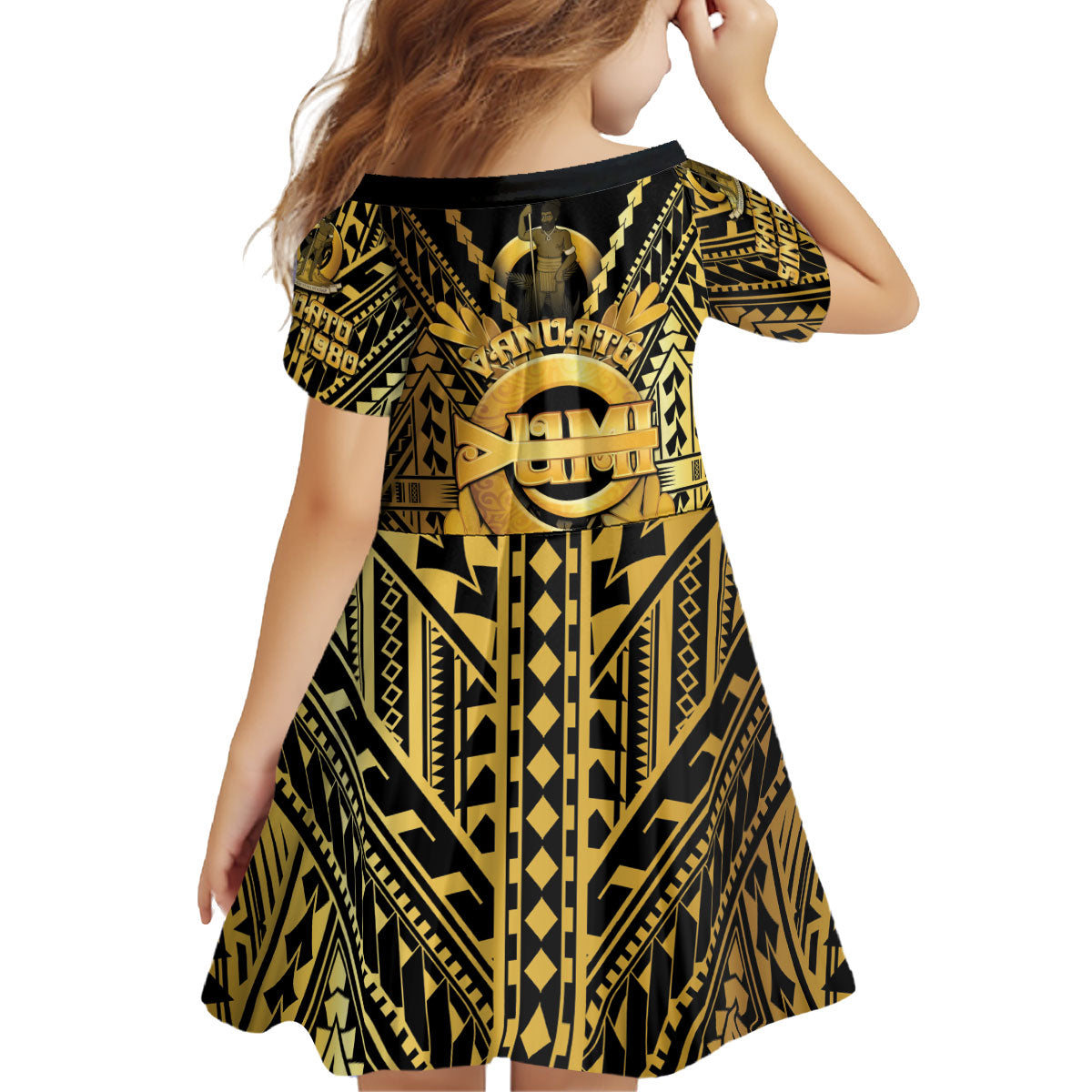 Vanuatu 46th Anniversary Of Independence Kid Short Sleeve Dress Gold Style LT05 - Polynesian Pride