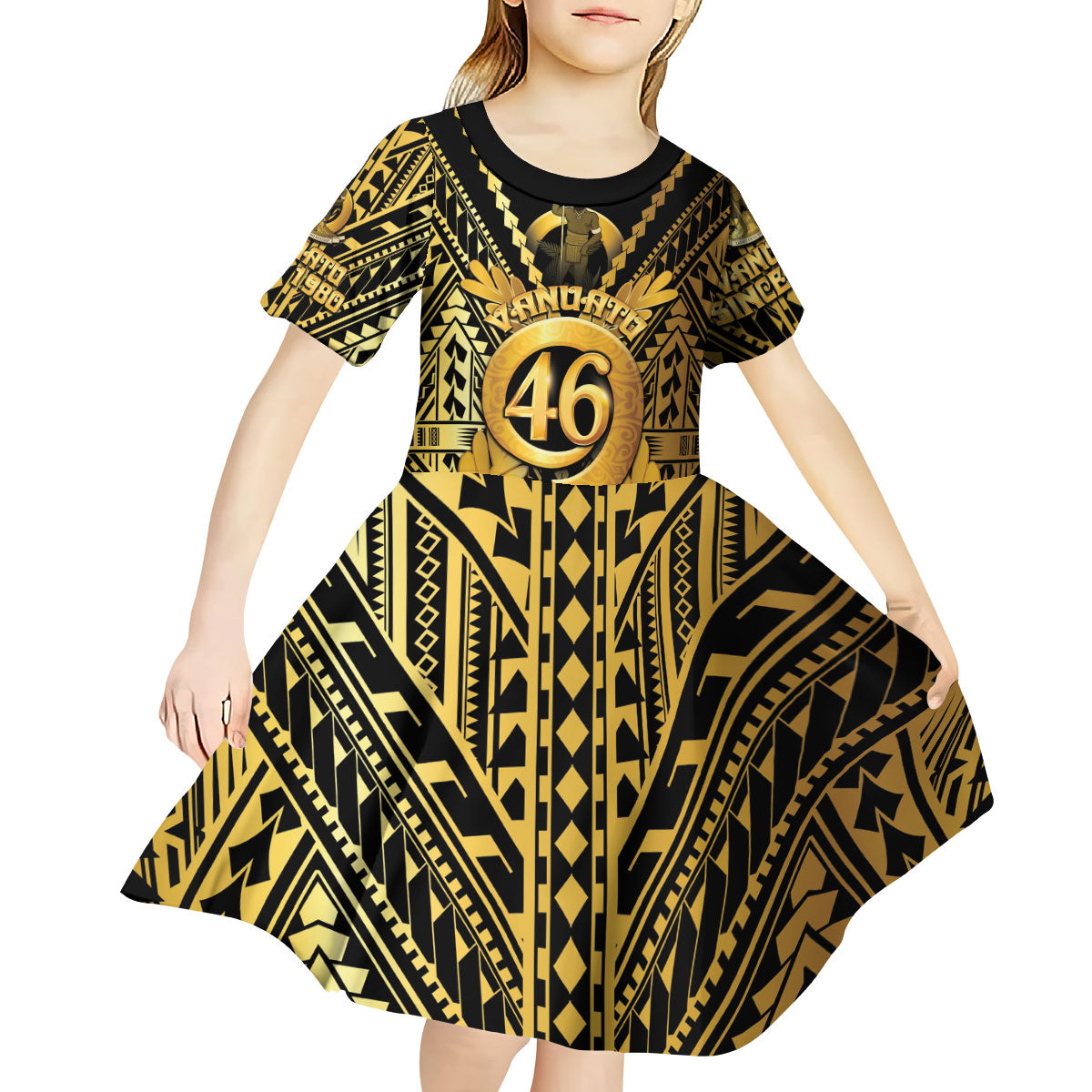 Vanuatu 46th Anniversary Of Independence Kid Short Sleeve Dress Gold Style LT05 - Polynesian Pride