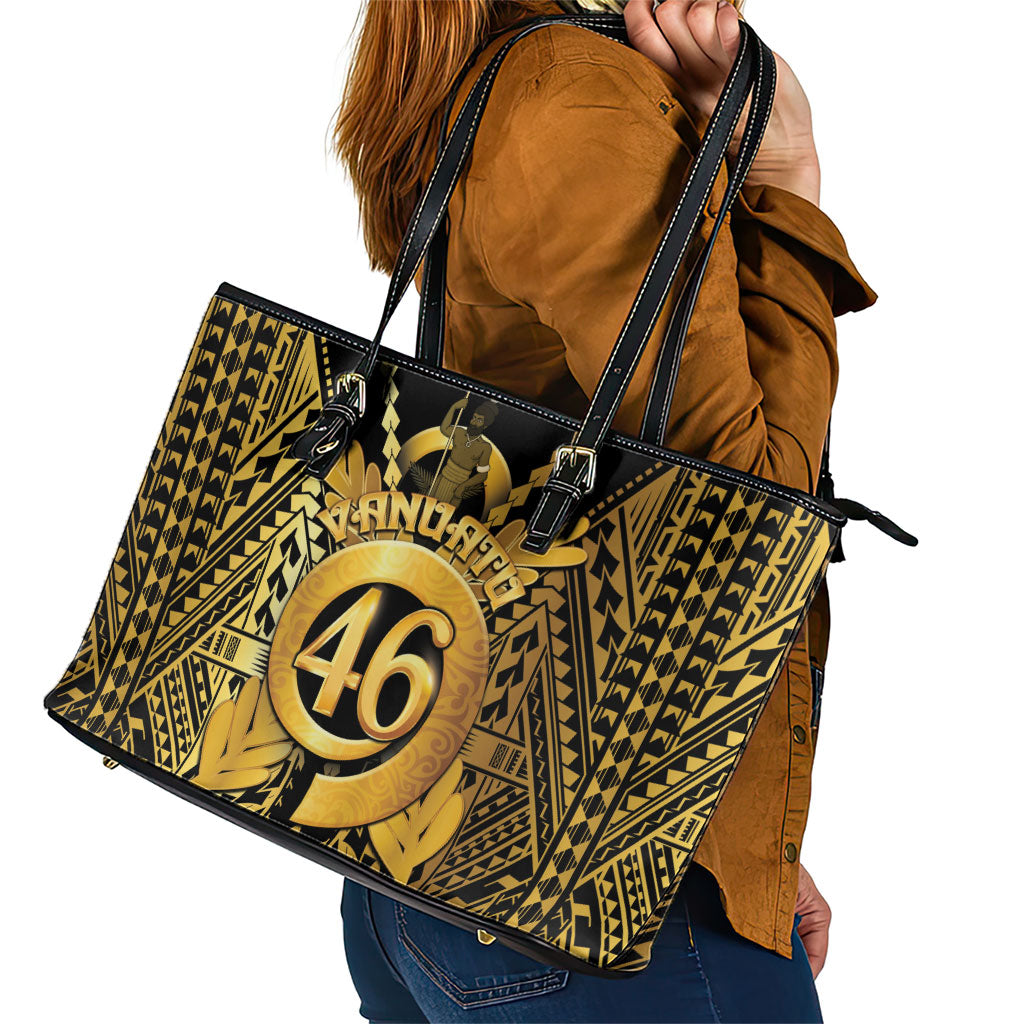 Vanuatu 46th Anniversary Of Independence Leather Tote Bag Gold Style LT05 - Polynesian Pride
