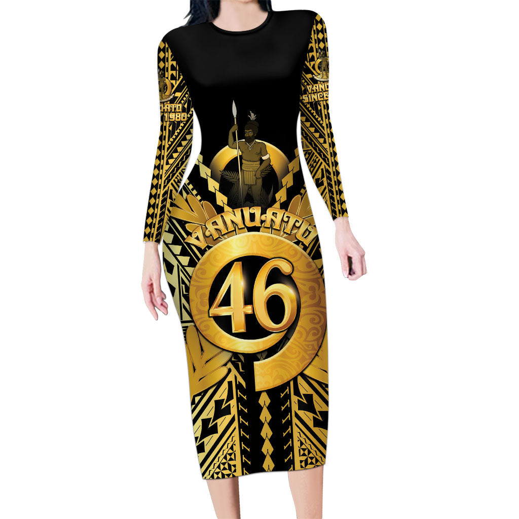 Vanuatu 46th Anniversary Of Independence Long Sleeve Bodycon Dress Gold Style LT05 Long Dress Gold - Polynesian Pride