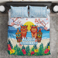 Hawaii And Japan Okinawa Bedding Set Aloha Gozaimasu Tiki With Shisa LT05 Blue - Polynesian Pride