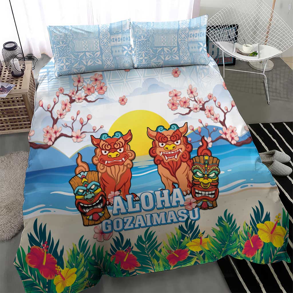 Hawaii And Japan Okinawa Bedding Set Aloha Gozaimasu Tiki With Shisa LT05 - Polynesian Pride