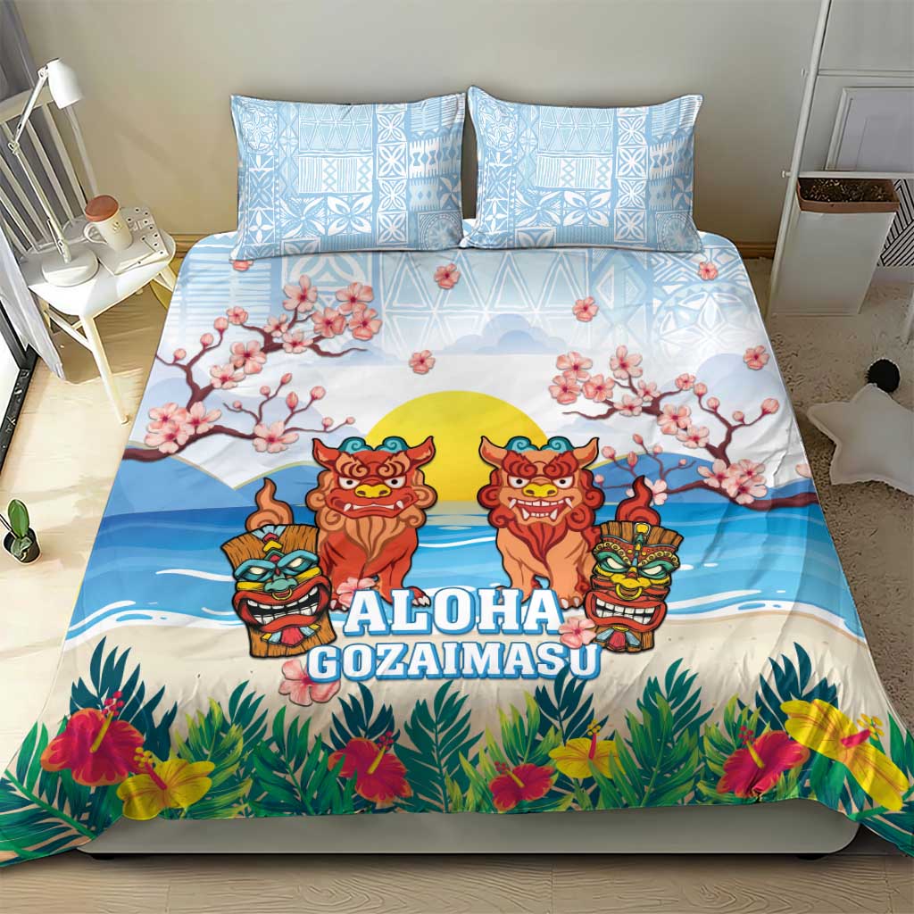 Hawaii And Japan Okinawa Bedding Set Aloha Gozaimasu Tiki With Shisa LT05 - Polynesian Pride