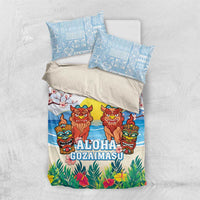 Hawaii And Japan Okinawa Bedding Set Aloha Gozaimasu Tiki With Shisa LT05 US Twin 172cm x 218cm Blue - Polynesian Pride