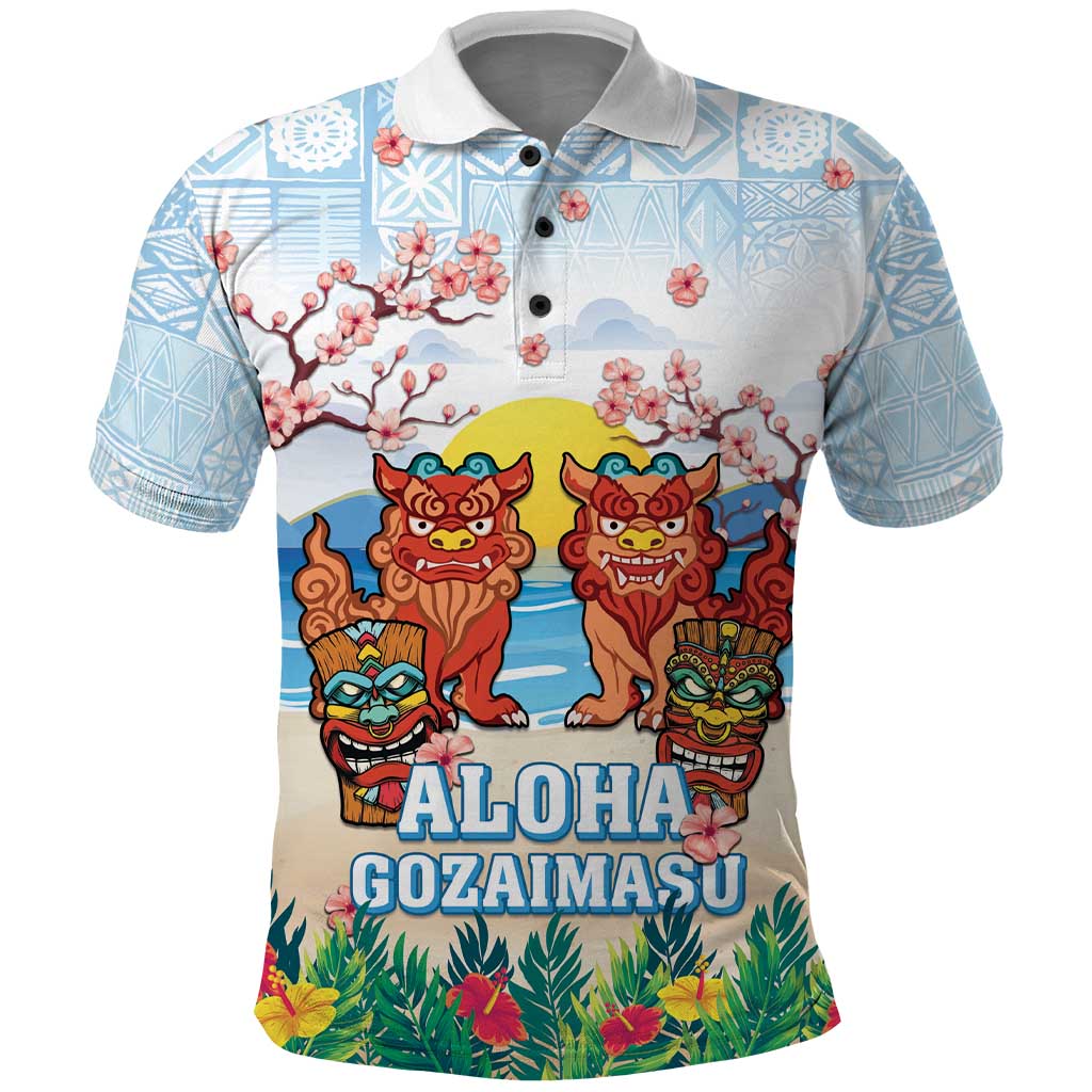 Hawaii And Japan Okinawa Polo Shirt Aloha Gozaimasu Tiki With Shisa LT05 Blue - Polynesian Pride