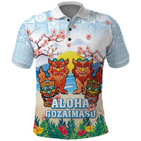 Hawaii And Japan Okinawa Polo Shirt Aloha Gozaimasu Tiki With Shisa LT05 Blue - Polynesian Pride
